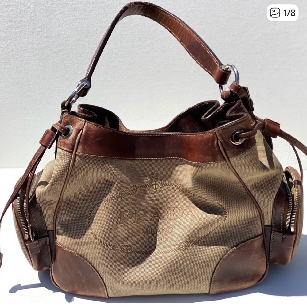 Vintage Prada Brown & Tan Leather-Trim Canvas Shoulder Bag
